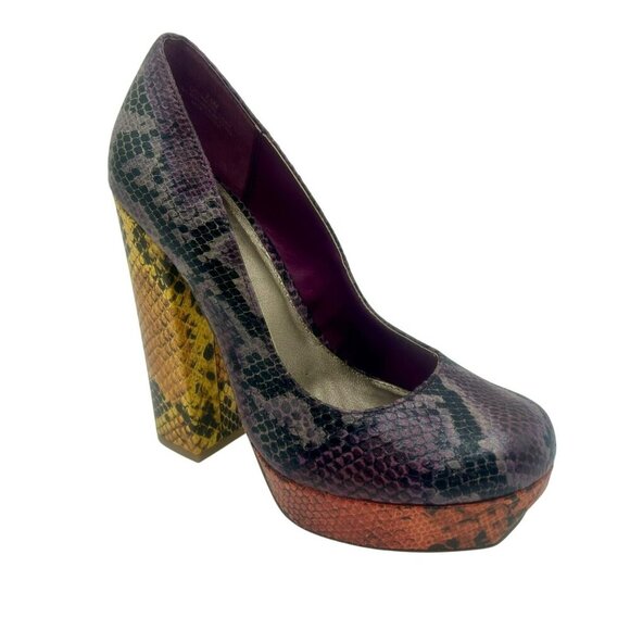 MIA Uptown Girl Platform Heels Pump Women 7.5 Purple Yellow Pink Snake Python‎ - Picture 1 of 11